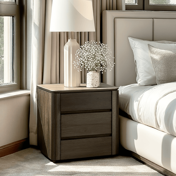 Verity Dark Brown 3 Drawer Bedside Table with Travertine Top Furniture 