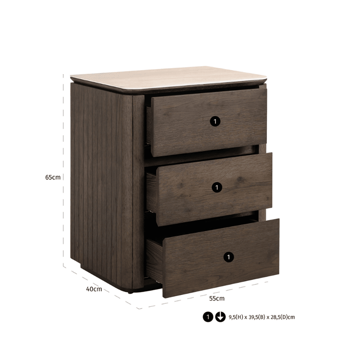 Verity Dark Brown 3 Drawer Bedside Table with Travertine Top Furniture 