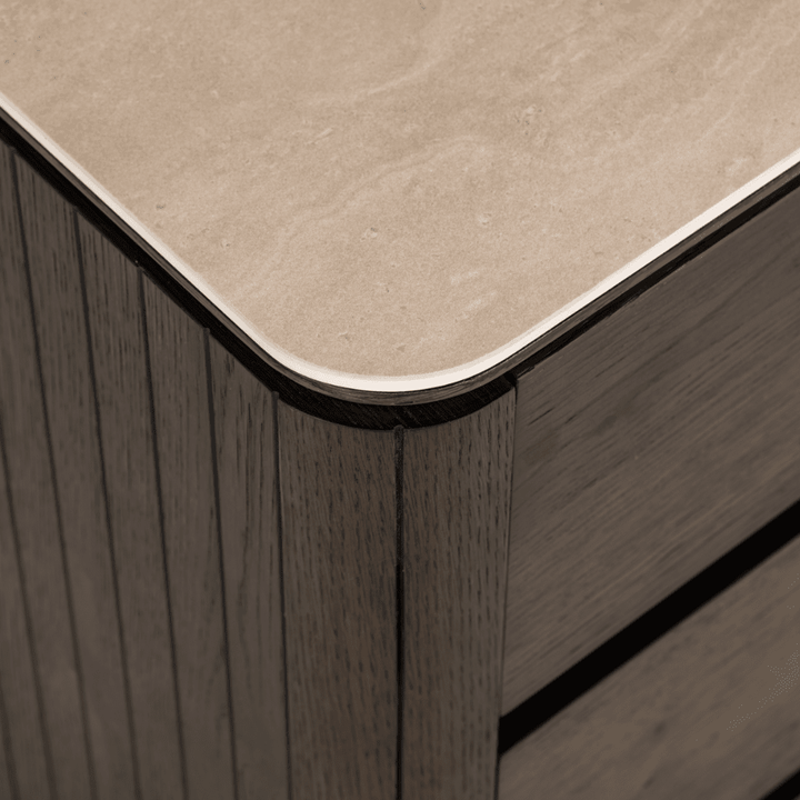 Verity Dark Brown 3 Drawer Bedside Table with Travertine Top Furniture 