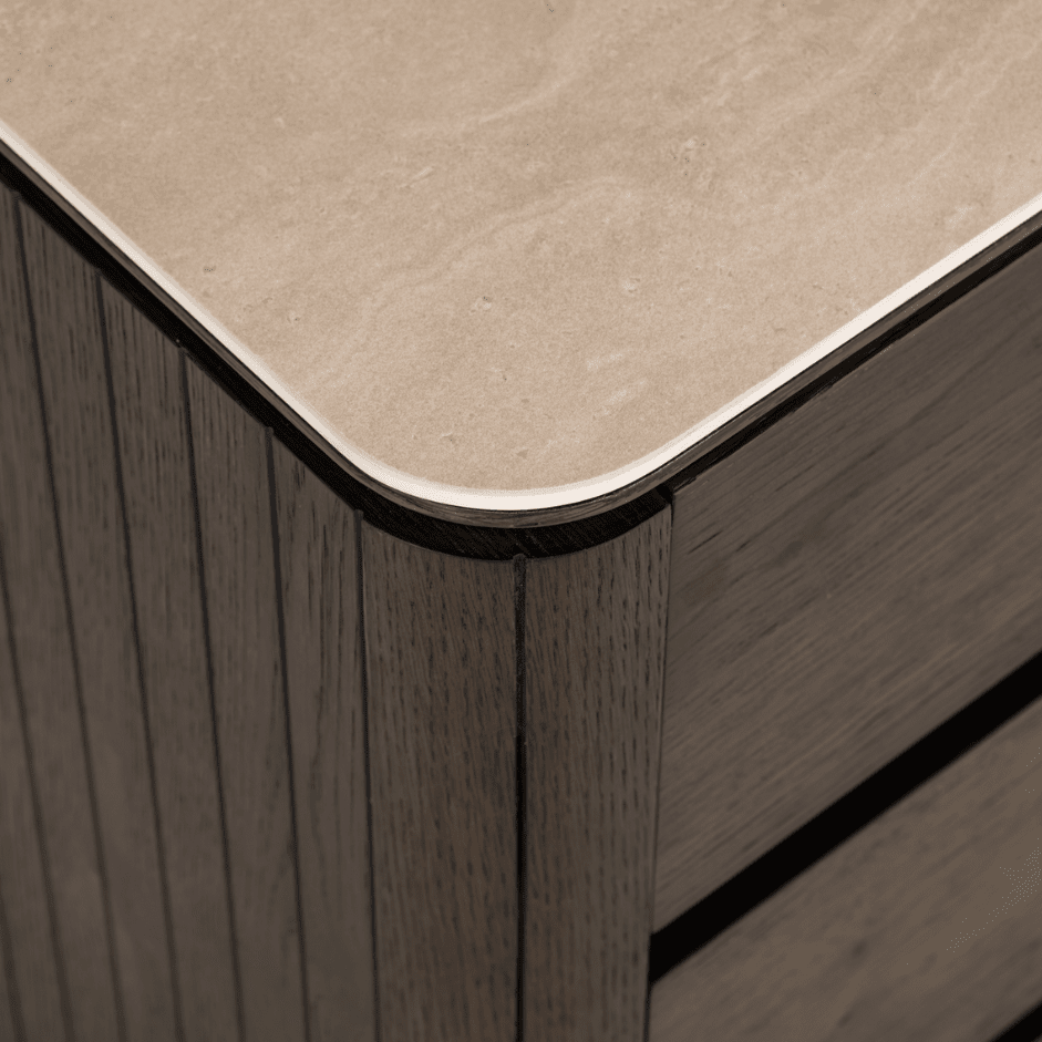 Verity Dark Brown 3 Drawer Bedside Table with Travertine Top Furniture 