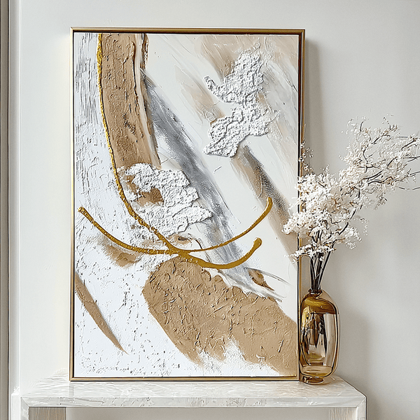 Verona Cream, Taupe & Gold Abstract Paint Brush Effect Textured Canvas Wall Art Accessories 