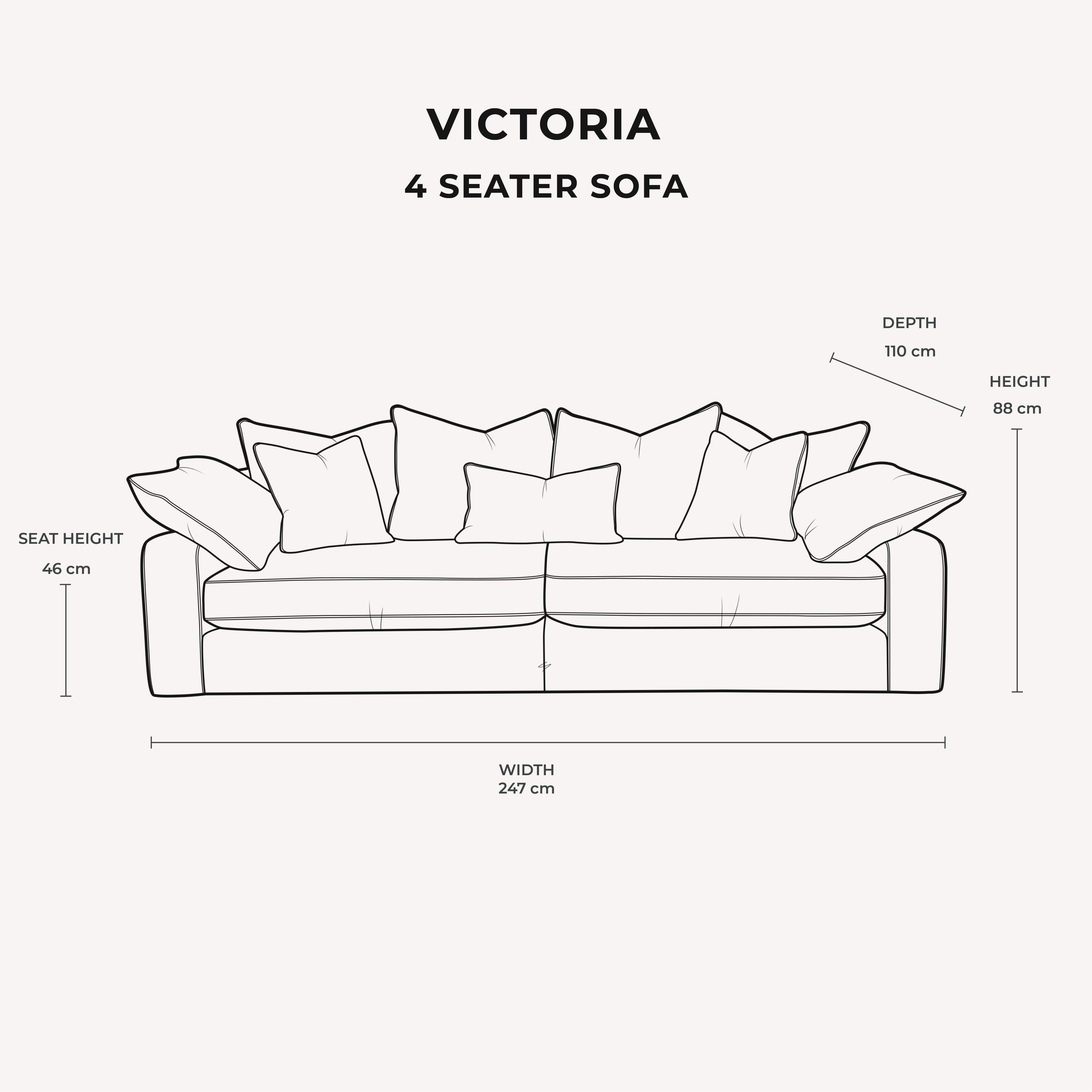 Victoria Silver Pillow Back 4 Seater Sofa dimensions