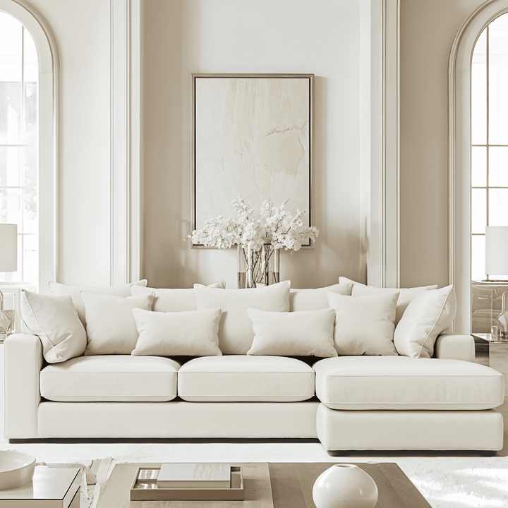 Victoria Cream Velvet Pillow Back Large Right Hand Facing Corner Sofa MTO Sofa 