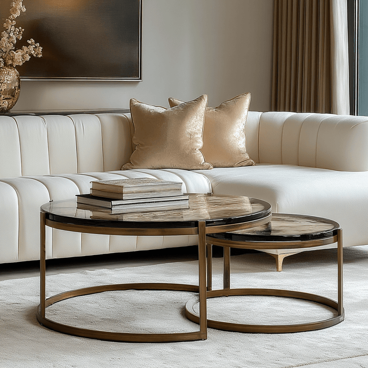 Vionette Antique Brass Nesting Coffee Tables with Amber Glass Top Furniture 