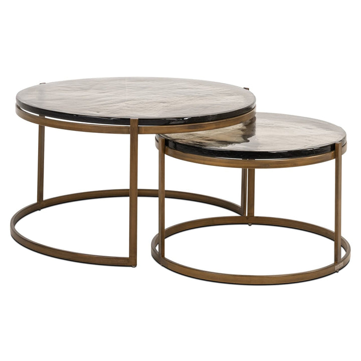 Vionette Antique Brass Nesting Coffee Tables with Amber Glass Top Furniture 