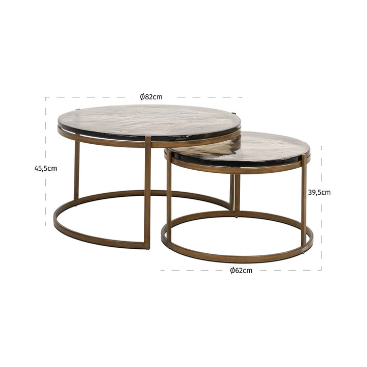 Vionette Antique Brass Nesting Coffee Tables with Amber Glass Top Furniture 