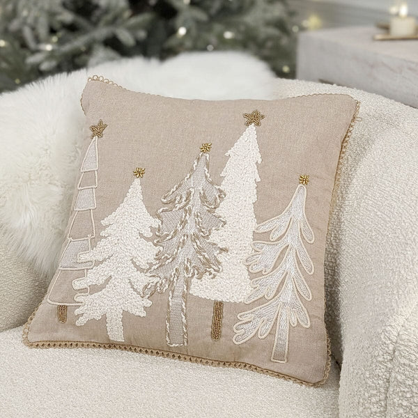 White & Beige Festive Tree Scene Cushion - 45 x 45cm Textiles 