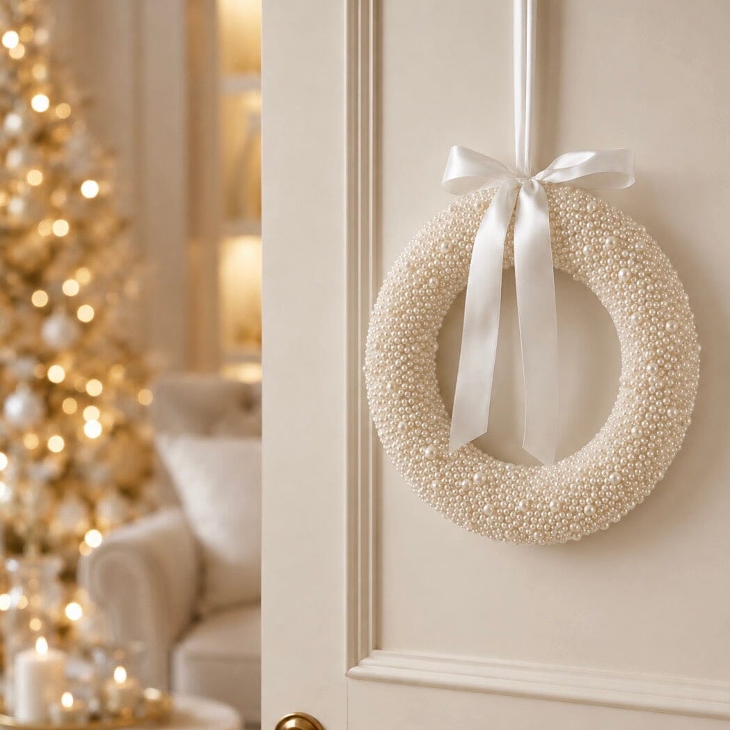 White Pearl Decorative Wreath with Bow Accessories 