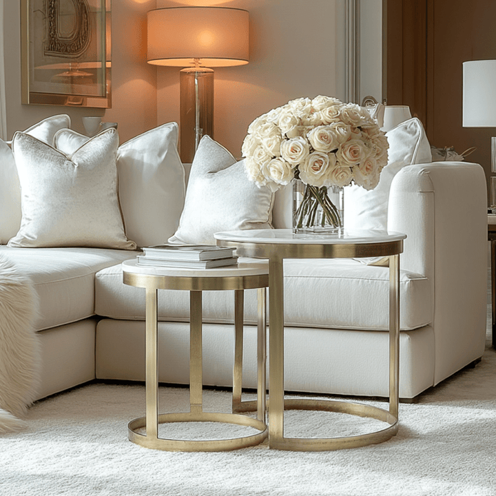 Xena Brushed Brass Nested Side Tables with Marble Top - Set of 2 Furniture 