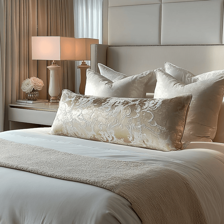 Yasmin Gold & Cream Metallic Cloud Print Long Bolster Cushion - 90x35cm Accessories 