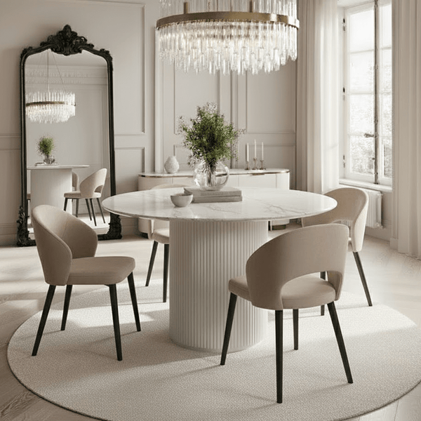 Zadie White Ribbed Round Dining Table with Marble Top Furniture 
