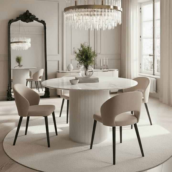 Zadie White Ribbed Round Dining Table with Marble Top Furniture 