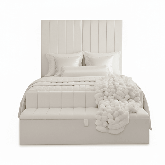 Zana Porcelain White Velvet Luxury Panelled Bed Beds and Headboards 