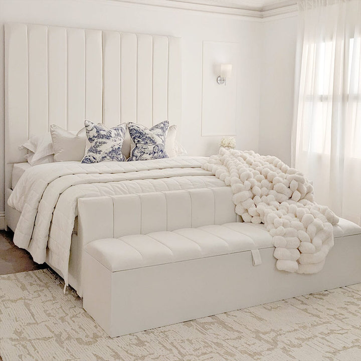 Zana Porcelain White Velvet Luxury Panelled Bed 