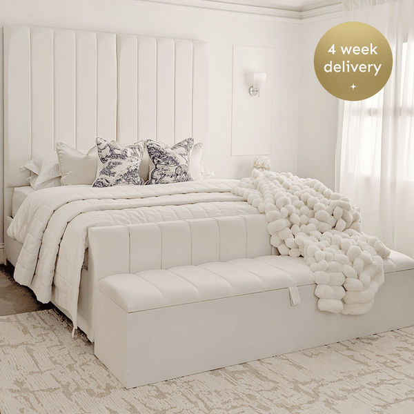 Zana Porcelain White Velvet Luxury Panelled Bed MTO Beds and Headboards 