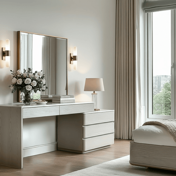 Zendaya 2 Drawer Washed Oak Dressing Table & 3 Drawer Chest with Stone Top Furniture 
