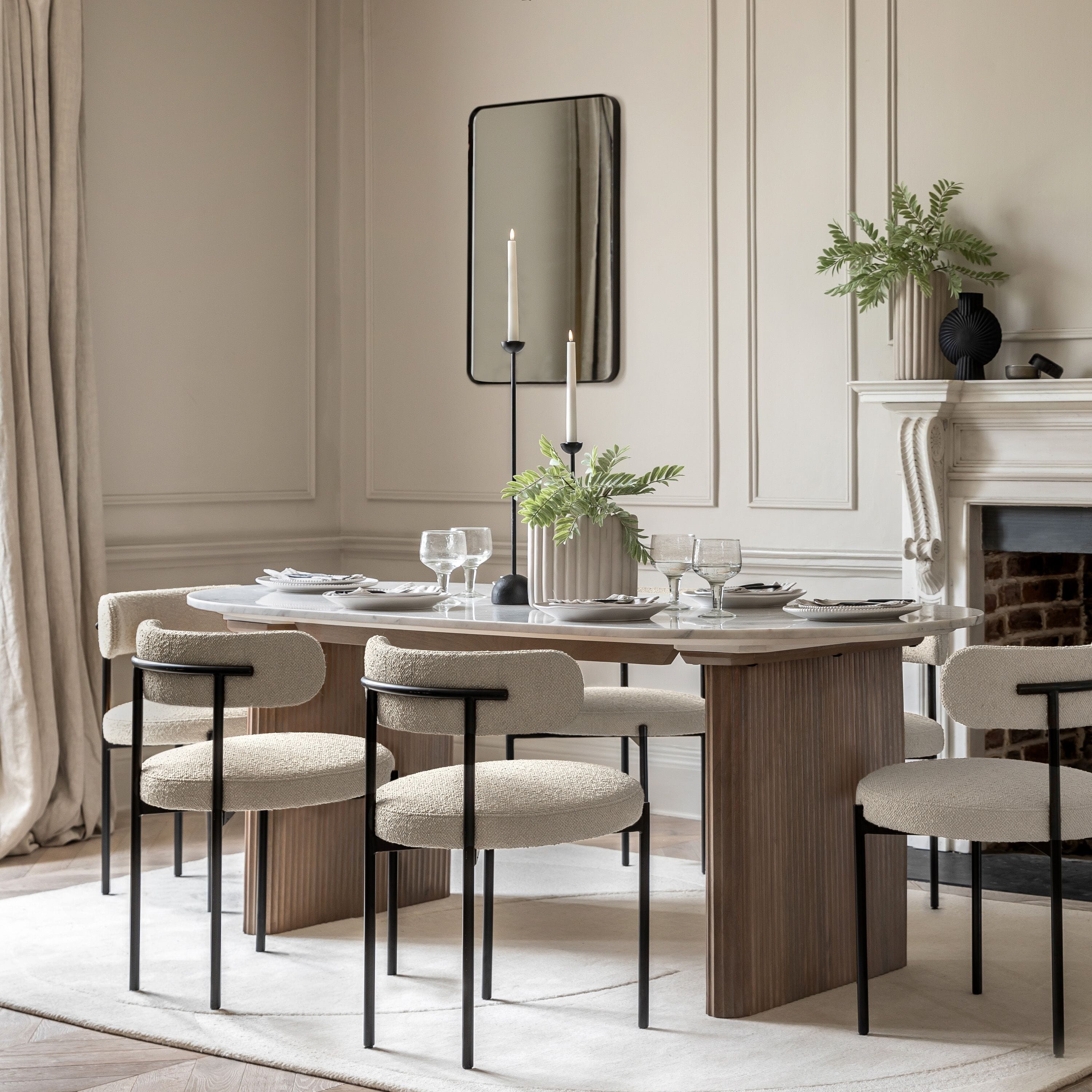 Zoe Neutral Ribbed Wooden Rectangular Dining Table with Marble Top Furniture 