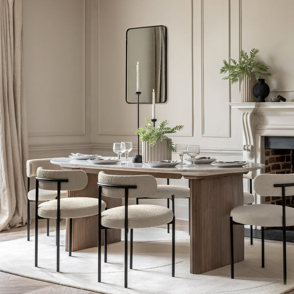 Zoe Neutral Ribbed Wooden Rectangular Dining Table with Marble Top Furniture 