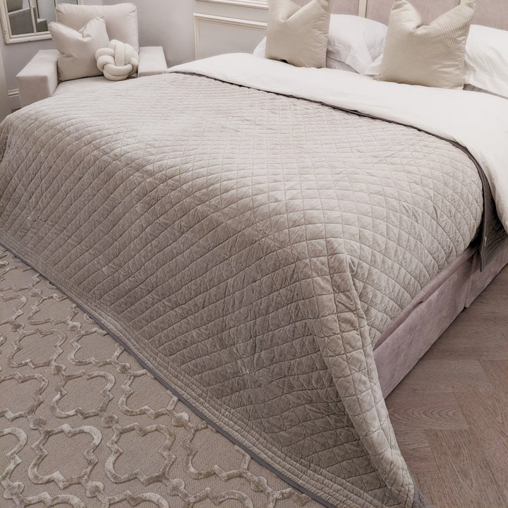 Abriana Warm Grey Cotton Velvet Bordered Bedspread - 260 x 240cm Bedding 