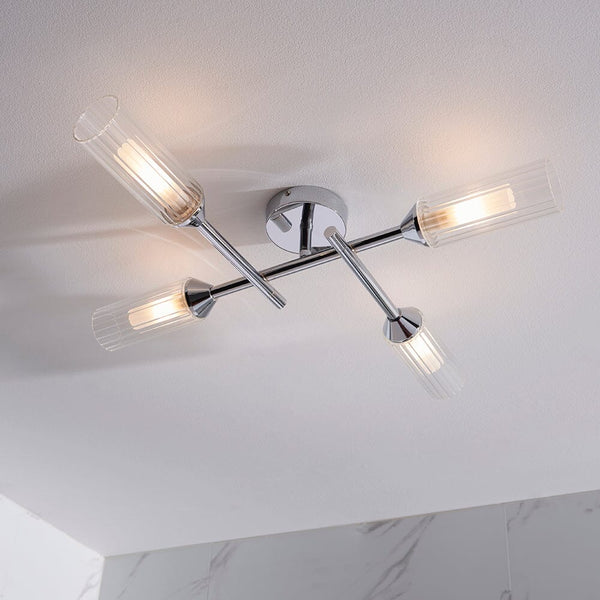 Adella Silver & Ribbed Glass 4 Light Semi Flush Ceiling Light Lighting 