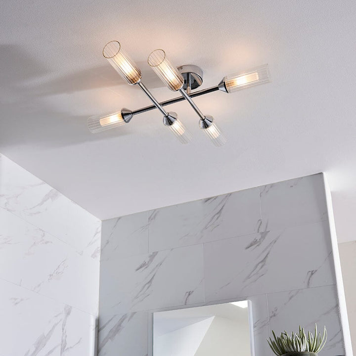 Adella Silver & Ribbed Glass 6 Light Semi Flush Ceiling Light Lighting 
