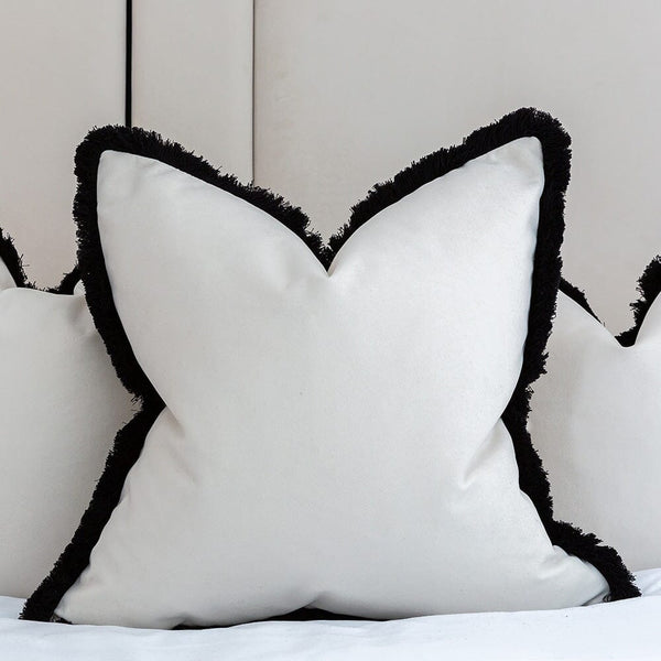 Ari Cream Velvet Cushion with Black Fringe Detail - 50x50cm Cushion 