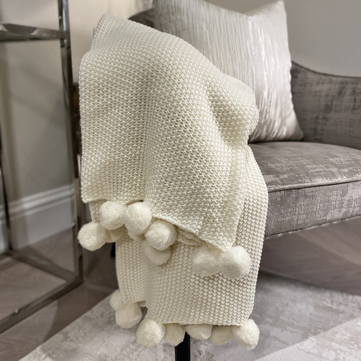 Azuma Cream Moss Stitched Pom Pom Throw 
