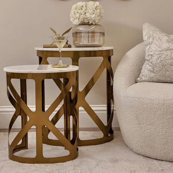 Brantley Premium Geometric Marble & Bronze Nest of Tables Furniture 