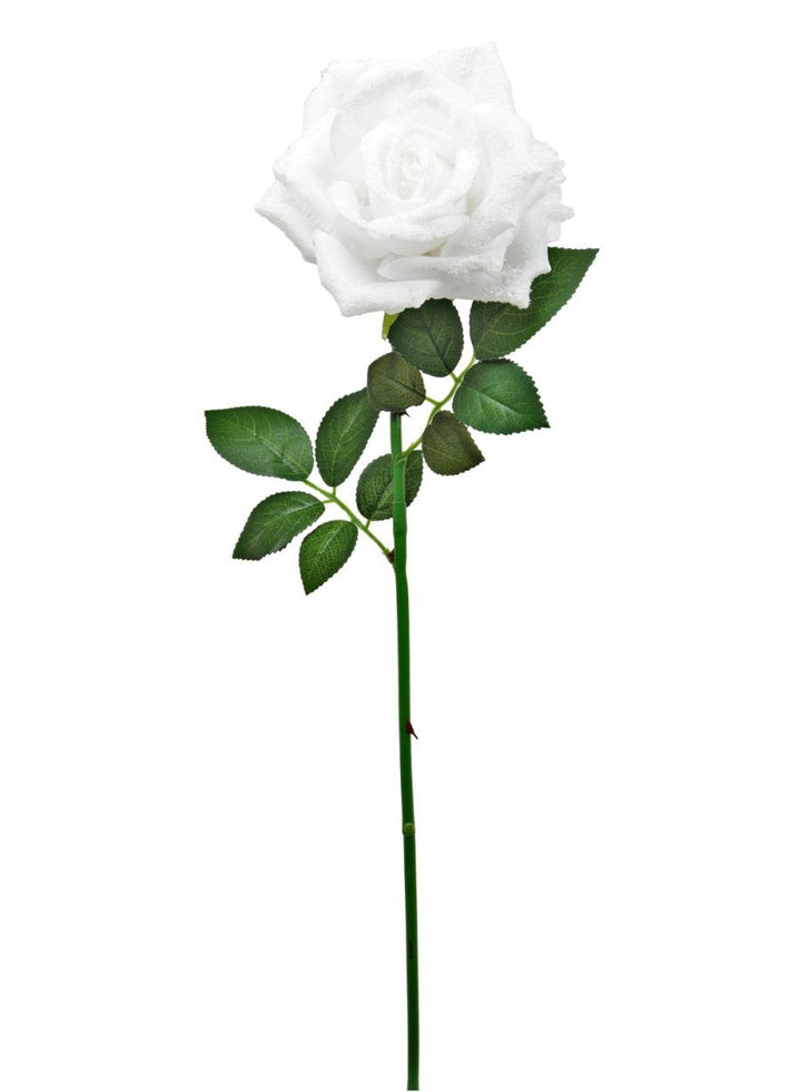 Faux Glittered White Rose Single Stem Flower Florals and Plants 