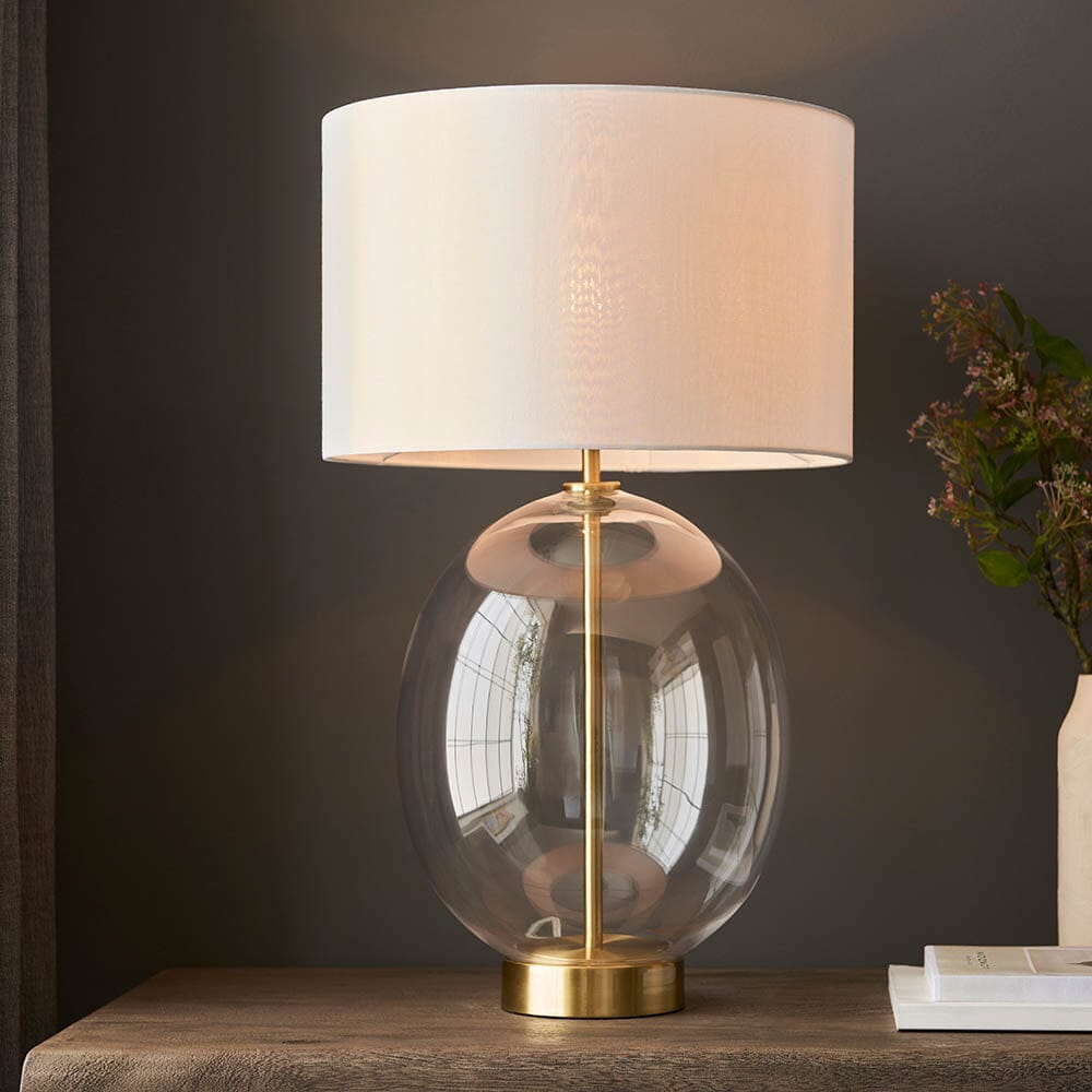 Fawsley Clear Glass & Gold Table Lamp with Ivory Shade – Rowen Homes