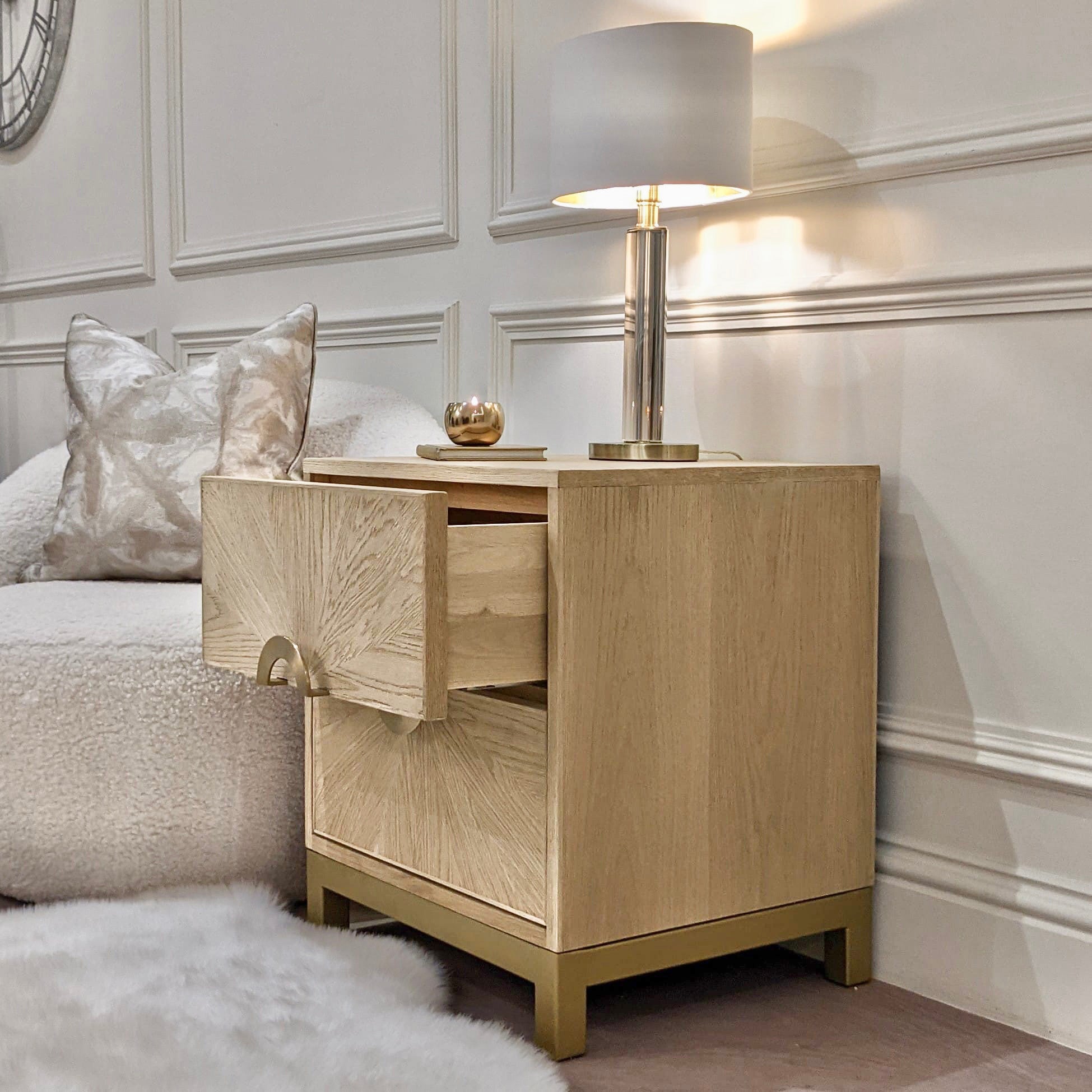 Wood and gold bedside outlet table