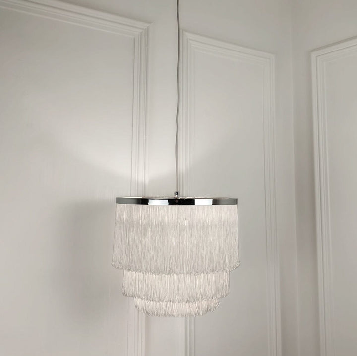 Jessamine Silver & White Medium Fringed Pendant Ceiling Light Lighting 