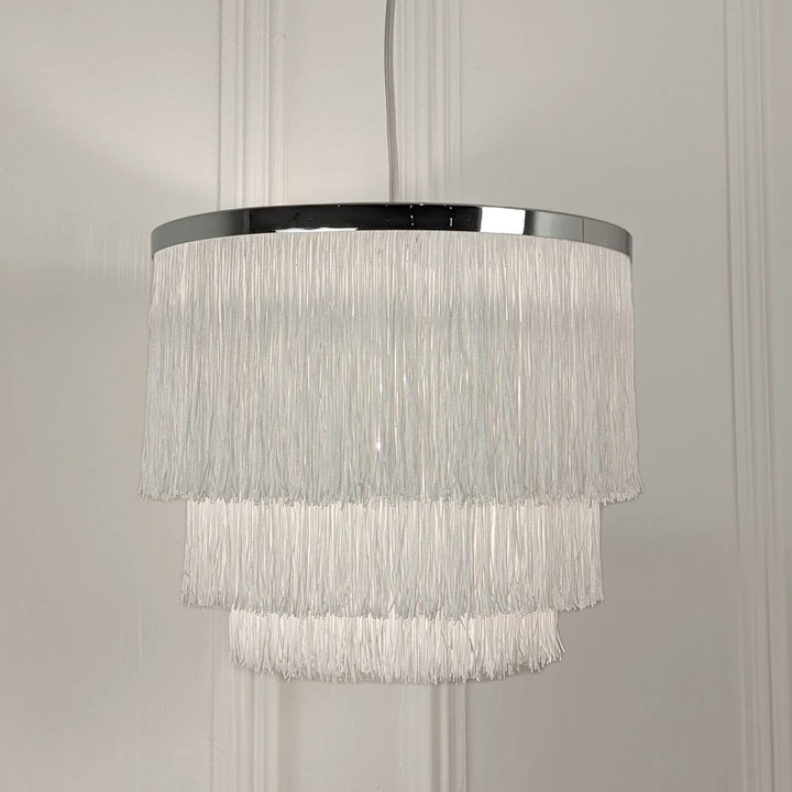 Jessamine Silver & White Medium Fringed Pendant Ceiling Light Lighting 