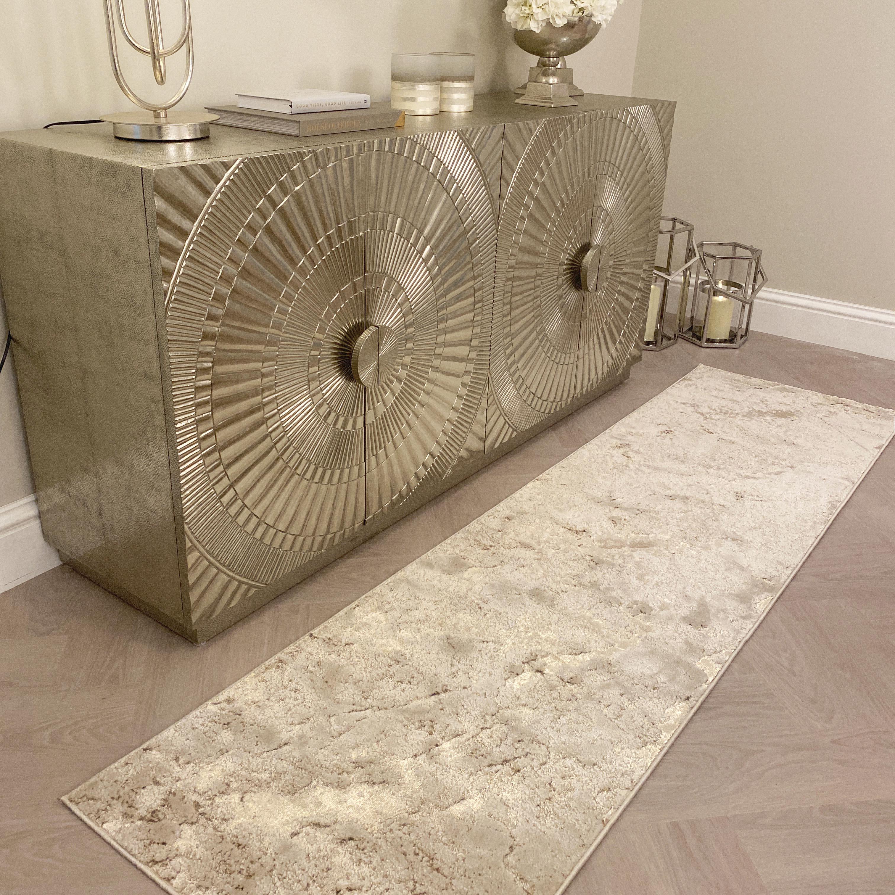Jupiter Light Gold & Cream Metallic Marble Velvet Runner Rug 