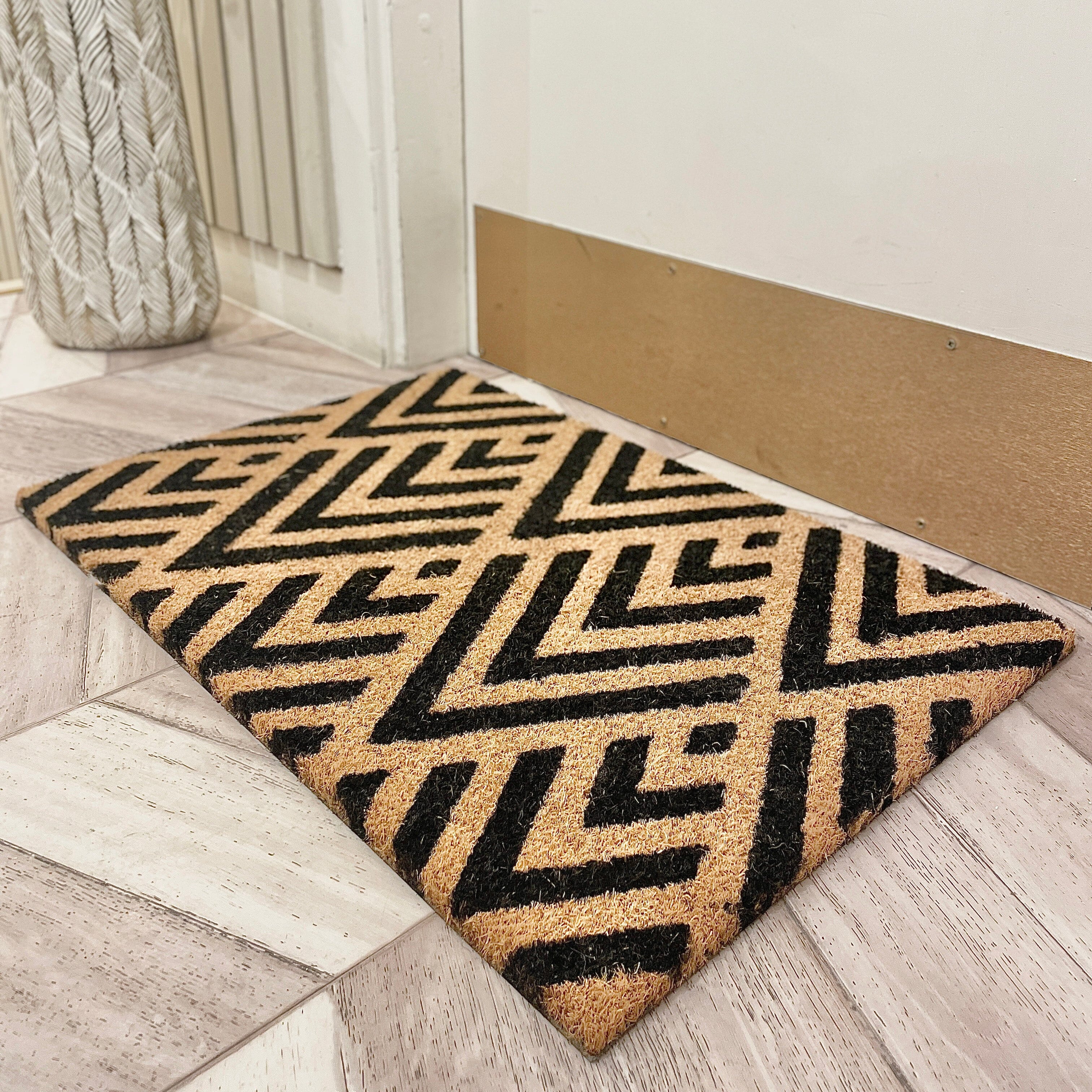 Kattie Natural & Black Geometric Print Doormat Rug 