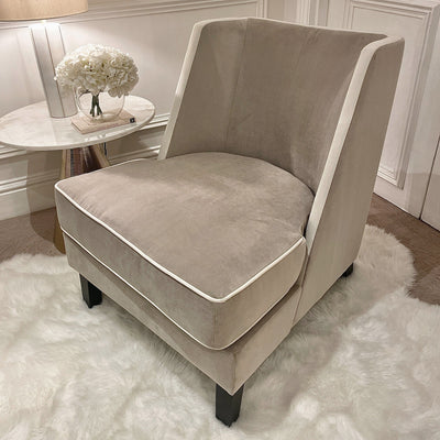 Knightsbridge Mink Velvet Accent Chair With Cream Piping MTO Sofa 