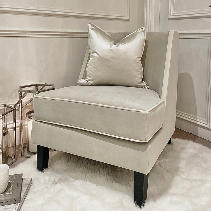 Knightsbridge Smoke Grey Velvet Accent Chair With Cream Piping MTO Sofa 