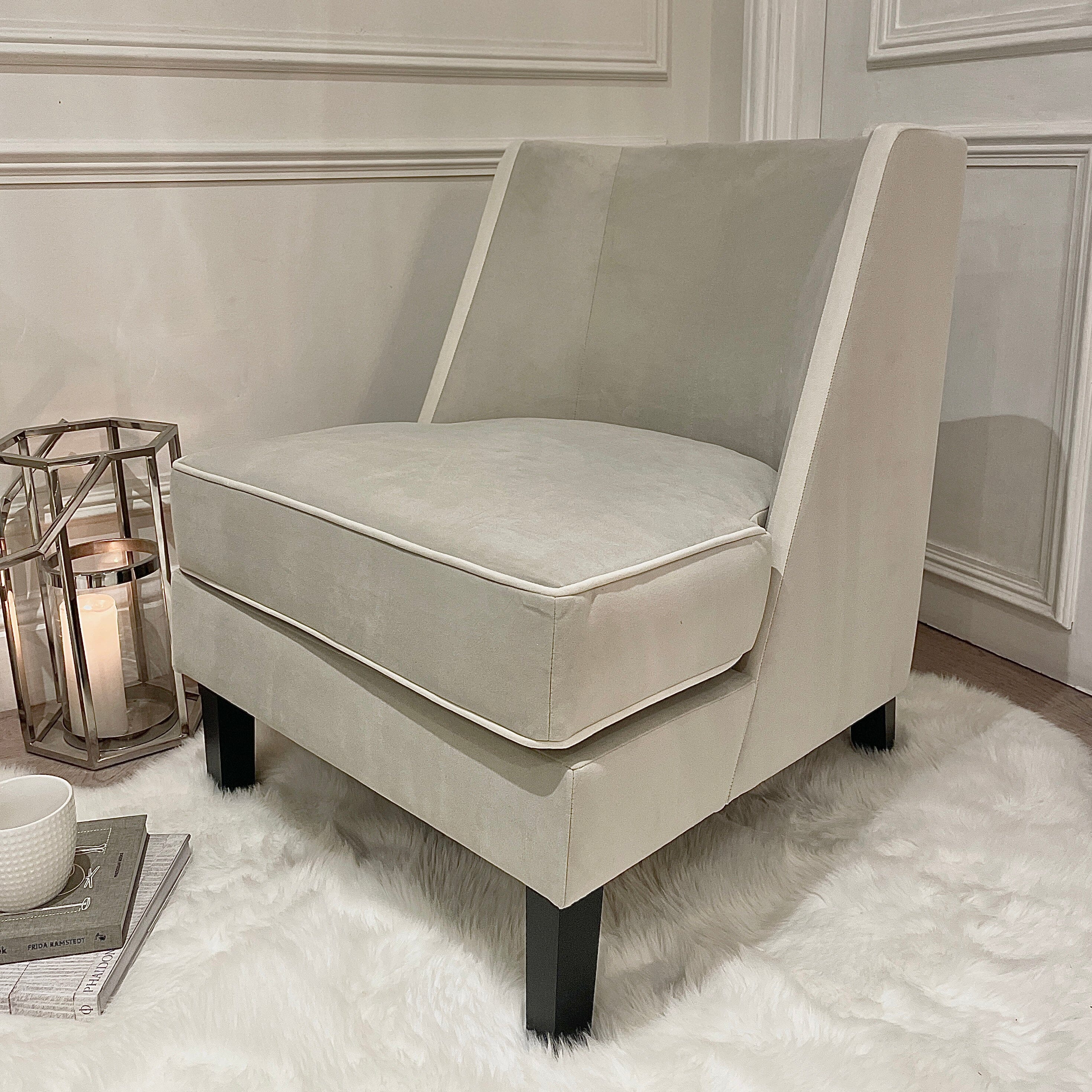 Knightsbridge Smoke Grey Velvet Accent Chair With Cream Piping MTO Sofa 
