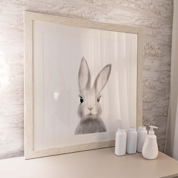 Large Bunny Print in White Wash Wooden Frame - 80 x 80cm Art 