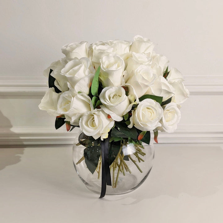 Large Cream Faux Rose Arrangement in Fishbowl Vase - Approx. 30 Stems Florals and Plants 