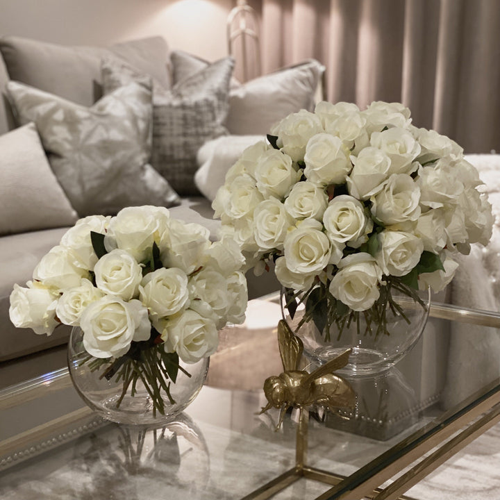 Large Cream Faux Rose Arrangement in Fishbowl Vase Florals and Plants 