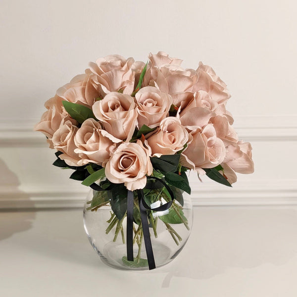 Large Pink Faux Rose Arrangement in Fishbowl Vase - Approx. 30 Stems Florals and Plants 