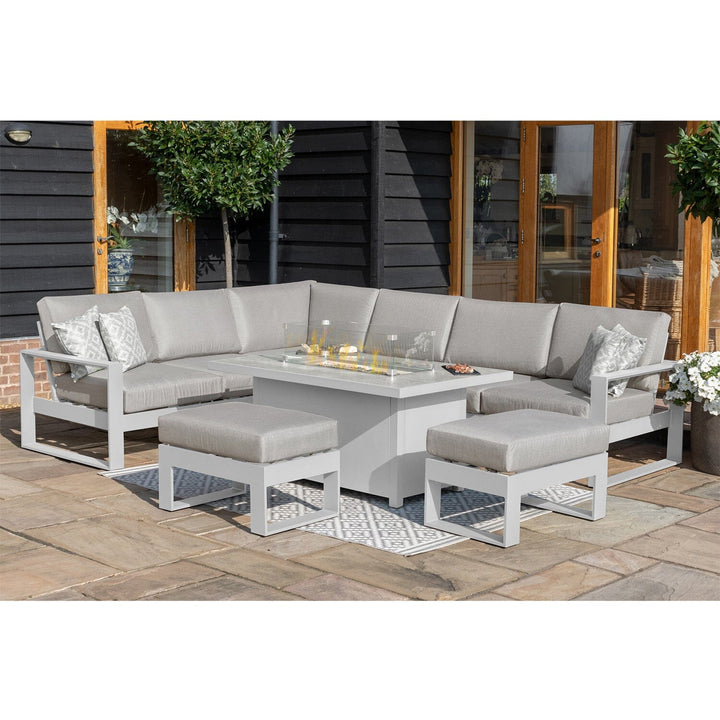 Larnaca White Large Aluminium Corner Dining Set With Fire Pit Table & Footstools Furniture 