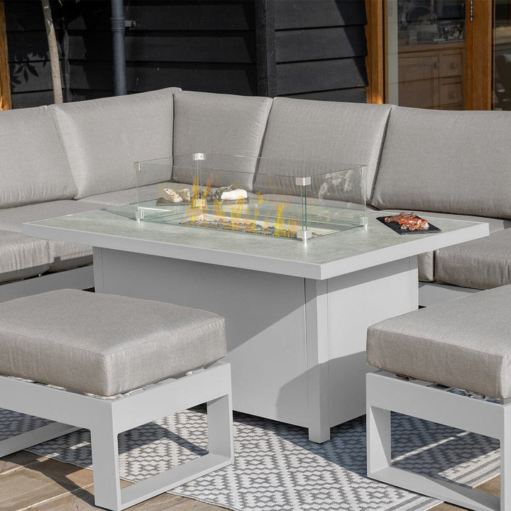 Larnaca White Large Aluminium Corner Dining Set With Fire Pit Table & Footstools Furniture 
