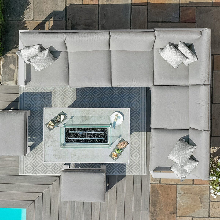 Larnaca White Large Aluminium Corner Dining Set With Fire Pit Table & Footstools Furniture 