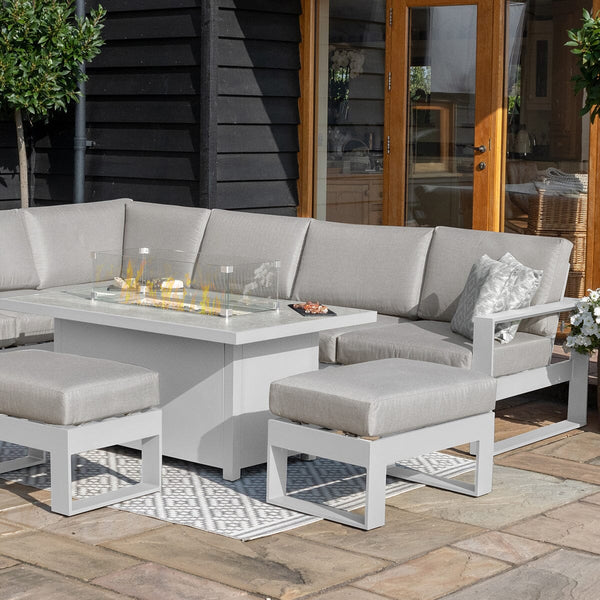 Larnaca White Large Aluminium Corner Dining Set With Fire Pit Table & Footstools Furniture 
