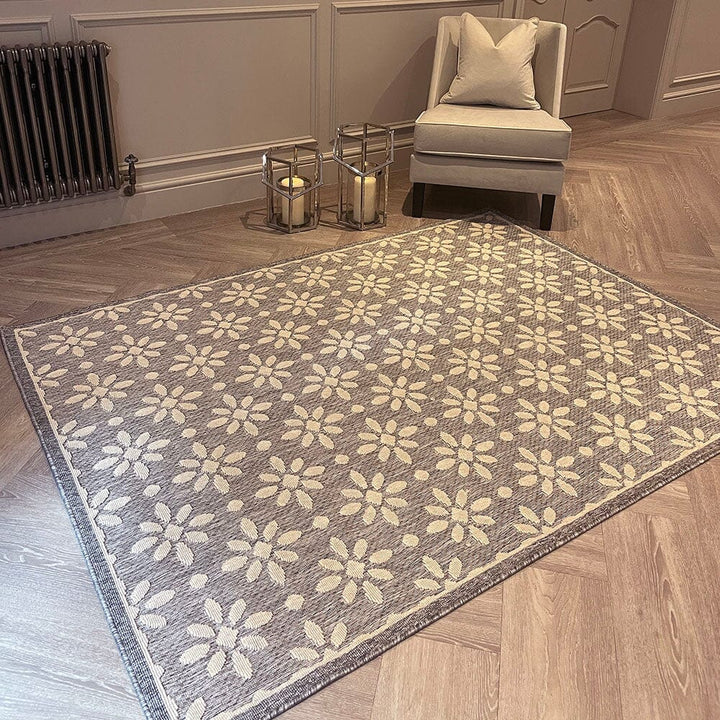 Malibu Grey & Cream Floral Print Indoor / Outdoor Rug Textiles 