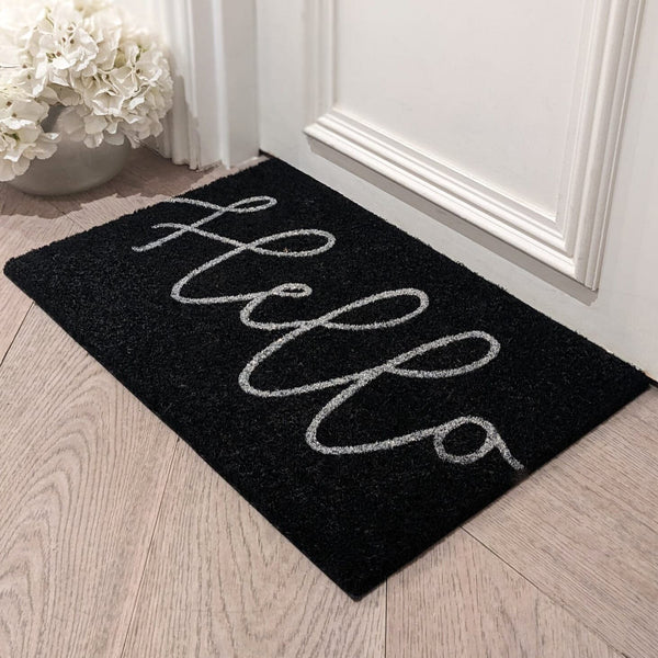 Marston Black 'Hello' Doormat Rug 