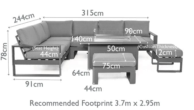 Maze Larnaca Grey Large Aluminium Corner Dining Set With Fire Pit Table & Footstools Furniture 