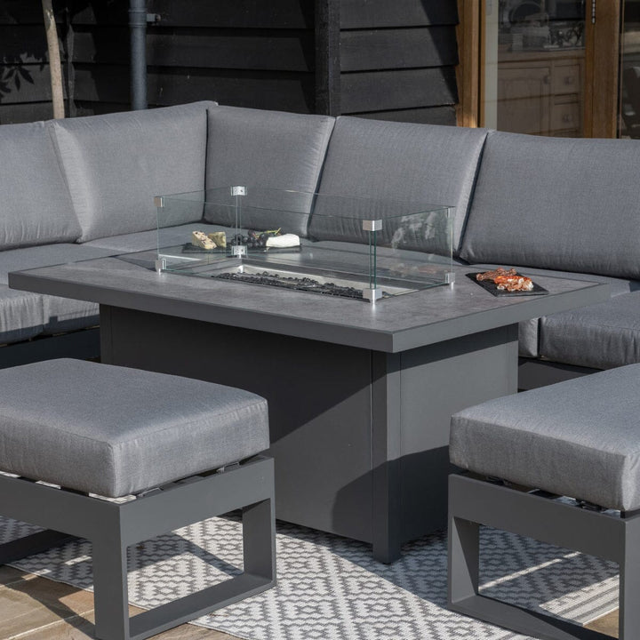 Maze Larnaca Grey Large Aluminium Corner Dining Set With Fire Pit Table & Footstools Furniture 